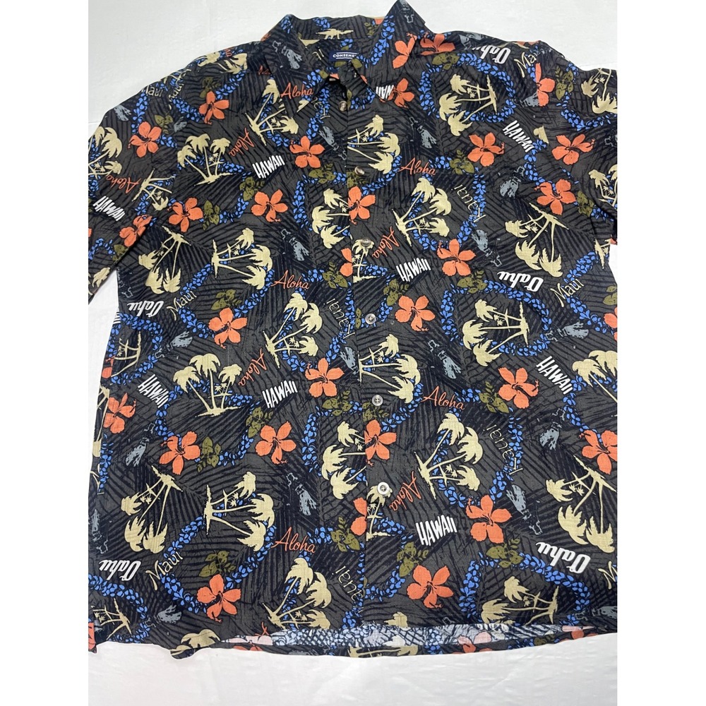 Consensus Mens XL Hawaiian Shirt Easy Care Tropical Palm Hibiscus Aloha Black
